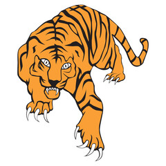 Tiger preparing to attack. Vector illustration. Tiger and jaguar on white background. Tiger tattoo.