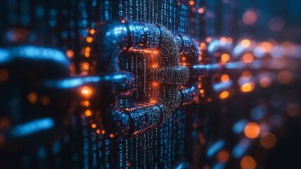 Fototapeta premium Cybersecurity Chain: A close-up shot of a glowing, metallic chain link embedded in a digital code background, symbolizing robust data protection and impenetrable security. 