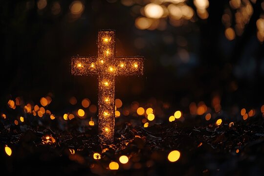 Illuminated Cross in Dark Night Glowing Lights Faith Symbol Spiritual Hope