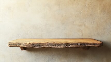 A vintage wooden shelf with cracks and imperfections, isolated in a quiet and serene room with a plain background