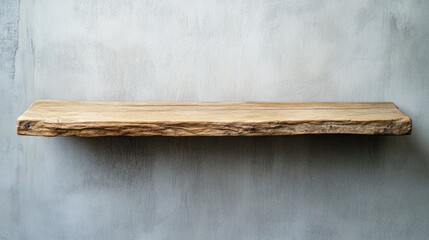 A vintage wooden shelf with subtle cracks and weathering, set against a smooth gray wall in a minimalist room