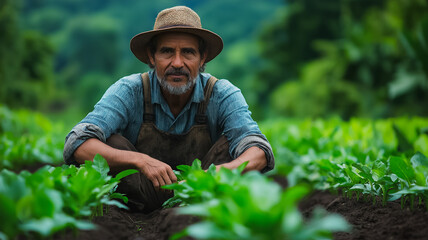 The Farmer's Touch: A weathered farmer, his face etched with experience, kneels amidst a flourishing field, his hands gently tending to the burgeoning crops. The lush greens, the fertile earth.