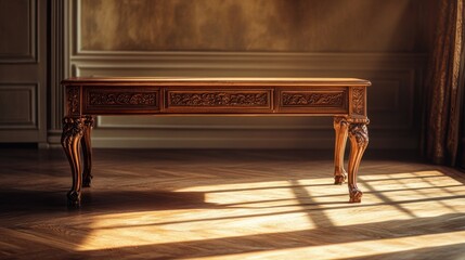 A vintage wooden table with intricate carving details, isolated in an empty room with warm lighting