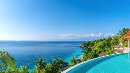 Fototapeta premium Stunning panoramic view from a luxurious exotic hotel resort overlooking serene landscapes and azure waters.