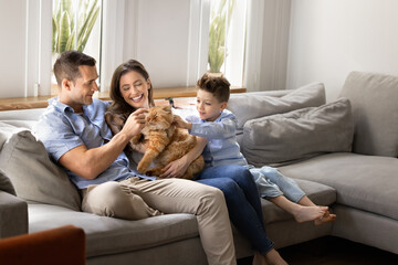 Positive young family couple and cute little son boy stroking and cuddling furry pet, sitting on...