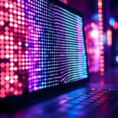 A laptop with a vibrant, colorful LED display showcasing a digital pattern.