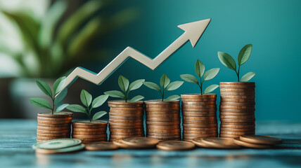 Growth and Investment: A symbolic image of financial growth and investment, featuring a rising arrow and stacks of coins with growing plants, representing a prosperous future. 