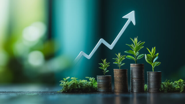 Growth and Investment:  Stacks of coins sprouting lush green plants, symbolizing financial growth and investment returns, with an upward-pointing arrow soaring above.