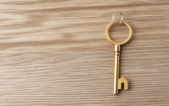 golden key with house shaped keychain rests on wooden desk, symbolizing home and security