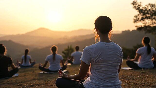 Group Celebrating International Yoga Day at Sunrise on Hilltop