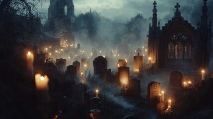 Fototapeta premium A Mystical Night at the Ancient Cemetery: Candles Illuminate Tombstones in Foggy Enchantment