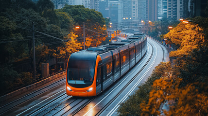 Obraz premium Modern Tram in Urban Landscape: A sleek, orange and grey modern tram glides through a cityscape, tracks glistening after a rain shower, with towering buildings and lush greenery framing the scene. 