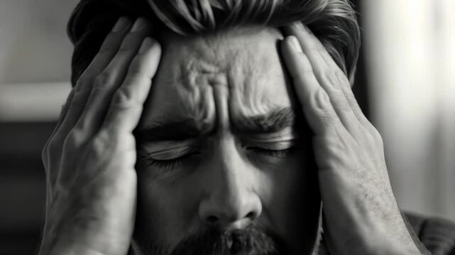 Man with a furrowed brow and a hand on his forehead. The man is in deep thought or contemplation