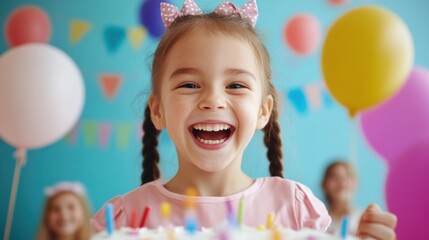 Happy Girl with Braided Hair Smiling Joyfully at Colorful Birthday Party Celebration with Cake and Balloons
