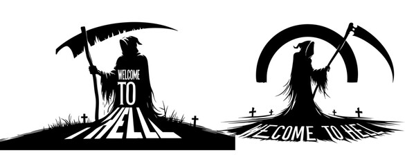 Grim Reaper Silhouette Vector Illustration with the text 