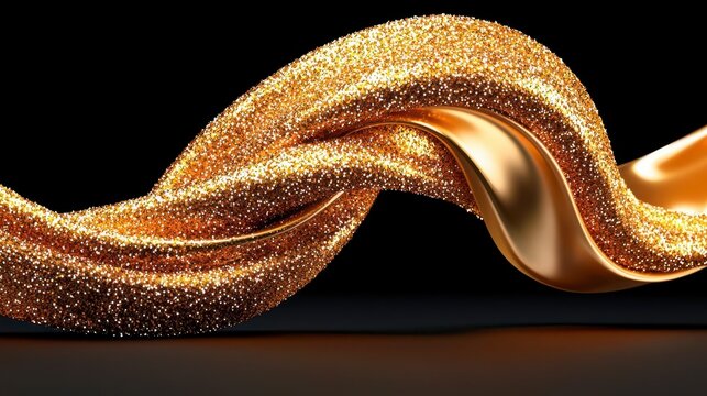 A photostock of a luxurious golden glitter ribbon, flowing dynamically with sparkling trails, glowing brightly on a transparent background. High Quality