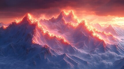 Mountain range made of interlocking gears slowly turning in sunset light