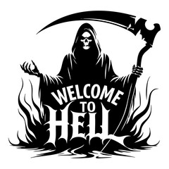 Grim Reaper Silhouette Vector Illustration with the text "Welcome to hell" © ashrafulalampro