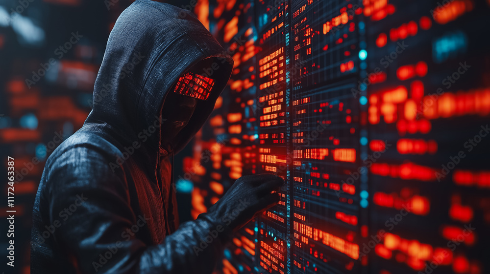 Poster cyberpunk hacker: a mysterious figure in a hooded jacket and glowing mask interacts with a vast digi