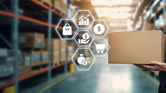Person holding a cardboard box in a warehouse with hexagonal icons, symbolizing quick commerce and streamlined inventory management