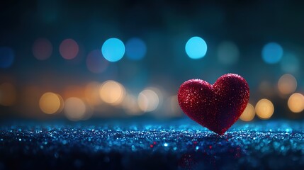 Sparkling Red Heart on Glittery Surface with Blurred Background