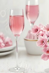 Two glasses of pink champagne with pink flowers on white background valentine's day