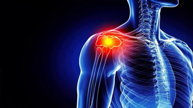 Medical illustration of shoulder pain with x ray effect highlighting pain location on human body, injury and accident treatment concept including rotator cuff issues
