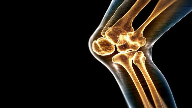 X ray of knee showing complex bones and cartilages in gold against black, injury and accident treatment, focus on mcl issues and structural detail