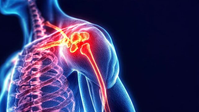 Realistic illustration of shoulder pain glowing red aura on joint, injury and accident treatment, highlighting rotator cuff inflammation and other joint concerns