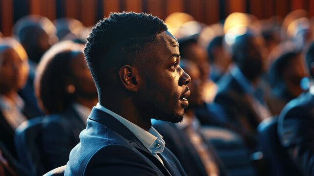 Man in a suit is sitting in a crowd of people. The man is looking at the camera with a serious expression. Concept of formality and seriousness, as the man is dressed in a suit