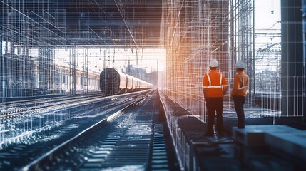 Engineers team analyzing unfinished on railway station construction site