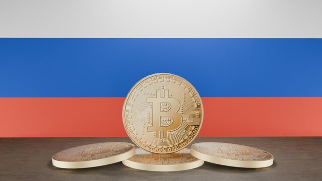 Golden bitcoin coin in front of the Russian flag, symbolizing cryptocurrency and digital finance in Russia, representing blockchain innovation and financial technology in a patriotic context - Powered by Adobe