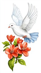 Obraz premium A photostock of a vibrant white dove in mid-flight with outstretched wings, set against a clean white background for a peaceful and pure design. High Quality