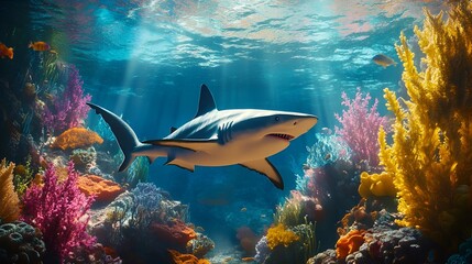 Fototapeta premium Abstract Underwater Scene with a Shark and Vibrant Marine Life