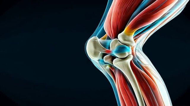 Detailed knee joint illustration with colorful muscles and bones injury and accident treatment, focus on mcl, bursitis hip, and structural anatomy
