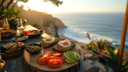 A rustic yet stylish terrace breakfast with avocado toast, poached eggs, and a side of sliced tomatoes, set against a scenic coastal view under soft golden light,