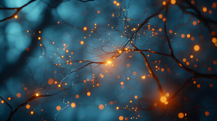 3D Illustration of Neural Network and Brain Cells in Glowing Blue