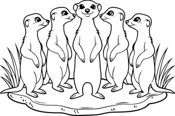 Obraz premium Five Meerkats Standing Together in a Circle, Black and White Illustration