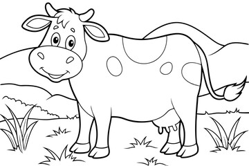 Fototapeta premium Happy Cow Coloring Page Farm Animal, Black and White