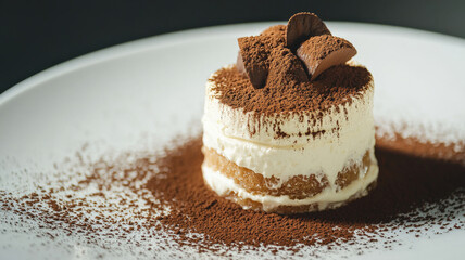 A luxurious serving of tiramisu with rich mascarpone cream, espresso-soaked ladyfingers, and a fine dusting of cocoa powder, elegantly plated for a decadent dessert experience.