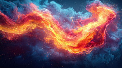 Fototapeta premium Fiery stream flows through smoky clouds, sparks in cosmic background, ideal for abstract art