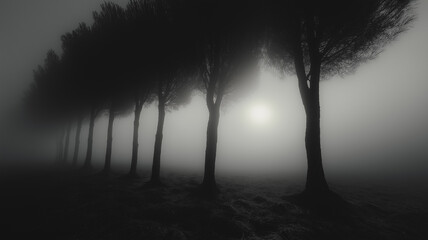 Fototapeta premium Mysterious Foggy Lane: Silhouettes of trees stand tall in a thick fog, creating an eerie and atmospheric scene. The soft light in the distance adds an element of mystery and intrigue.