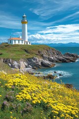 A photostock of a picturesque lighthouse standing tall on a rocky coastline