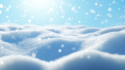 Winter Wonderland:  A close-up view of pristine, snow-covered ground with a gentle snowfall and a sun-drenched blue sky. The bokeh effect adds a touch of magic to this serene winter landscape.