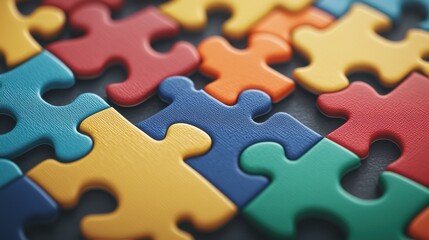 Fototapeta premium A close-up of multiple hands piecing together a bold, colorful jigsaw puzzle, showcasing intricate patterns and teamwork as part of a fun group activity
