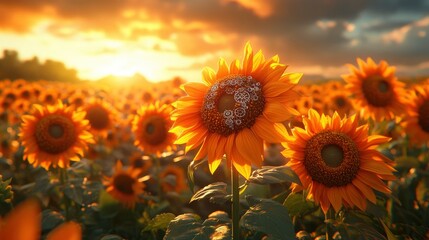 Obraz premium Field of sunflowers with faces made of clockwork mechanisms