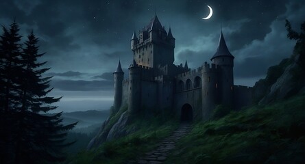 A dark and mysterious castle perched on a jagged cliff in the distance, shrouded in mist and illuminated by the pale light of a crescent moon. The castle has towering spires and gothic architecture, 1