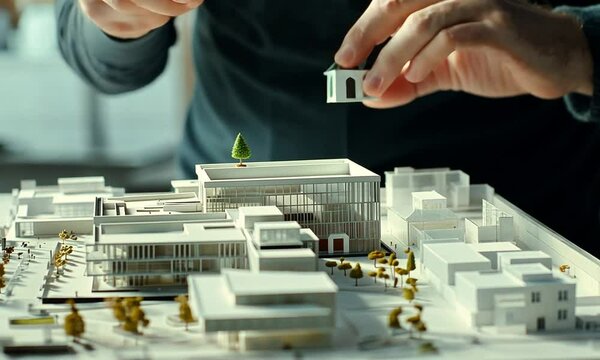A person assembling a detailed architectural model with buildings and landscape elements.