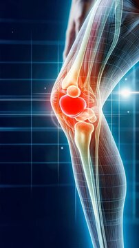 Digital rendering of knee pain glowing red with close up joint focus, injury and accident treatment, highlighting mcl and surrounding areas