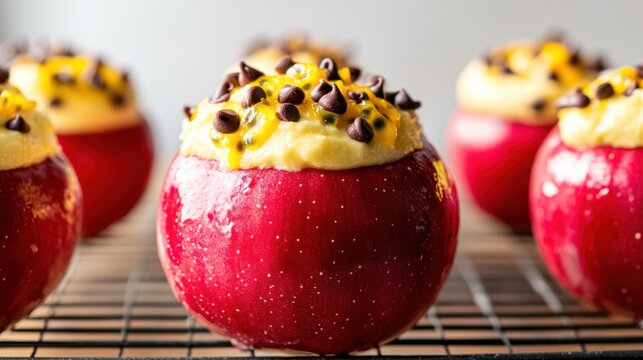 Baked apples, passion fruit, chocolate, cooling rack, kitchen, dessert, recipe, food photography